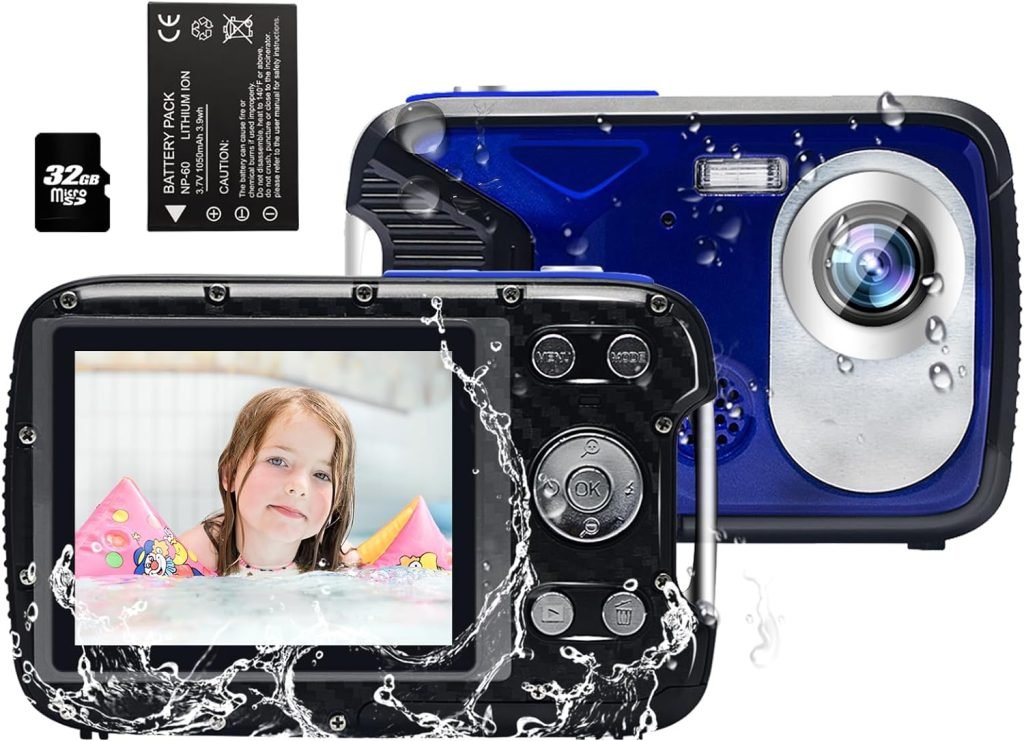 Digital Camera,Kids Waterproof Camera 30MP 1080P Point and Shoot Cameras with 2.8 18X Digital Zoom, Underwater Camera with a Battery and 32GB Micro Card(Blue)