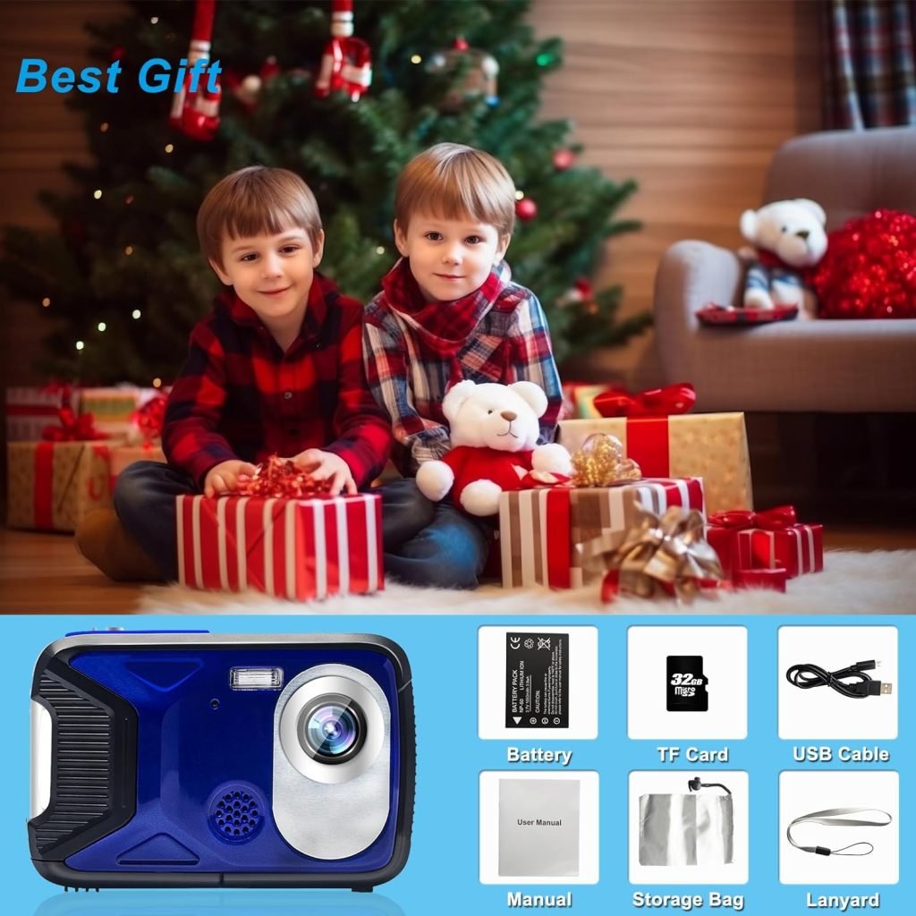 Digital Camera,Kids Waterproof Camera 30MP 1080P Point and Shoot Cameras with 2.8 18X Digital Zoom, Underwater Camera with a Battery and 32GB Micro Card(Blue)