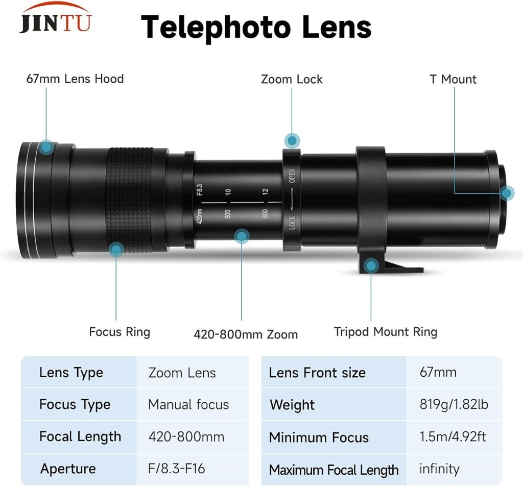 JINTU Zoom Lens for Canon - EF Lens 420-800mm f/8.3 Manual Telephoto Lens for Canon EOS T6s T7 T7i T8i T3i T4i T5 T5i T6 T6i SL1 SL2 77D 5D II/III/IV 80D 90D 6D 7D 7D 60D 70D SLR Camera Lenses