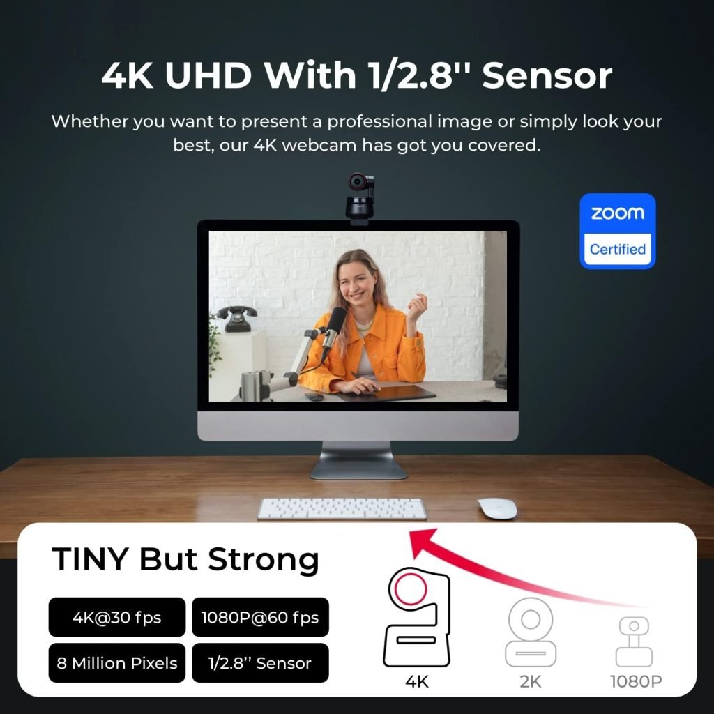 OBSBOT Tiny PTZ Webcam 4k, AI-Powered Framing  Autofocus, Conference Webcam with Dual Omni-Directional Microphones, Auto Tracking with 2 Axis Gimbal, HDR, 60 FPS, Low-Light Correction, Streaming