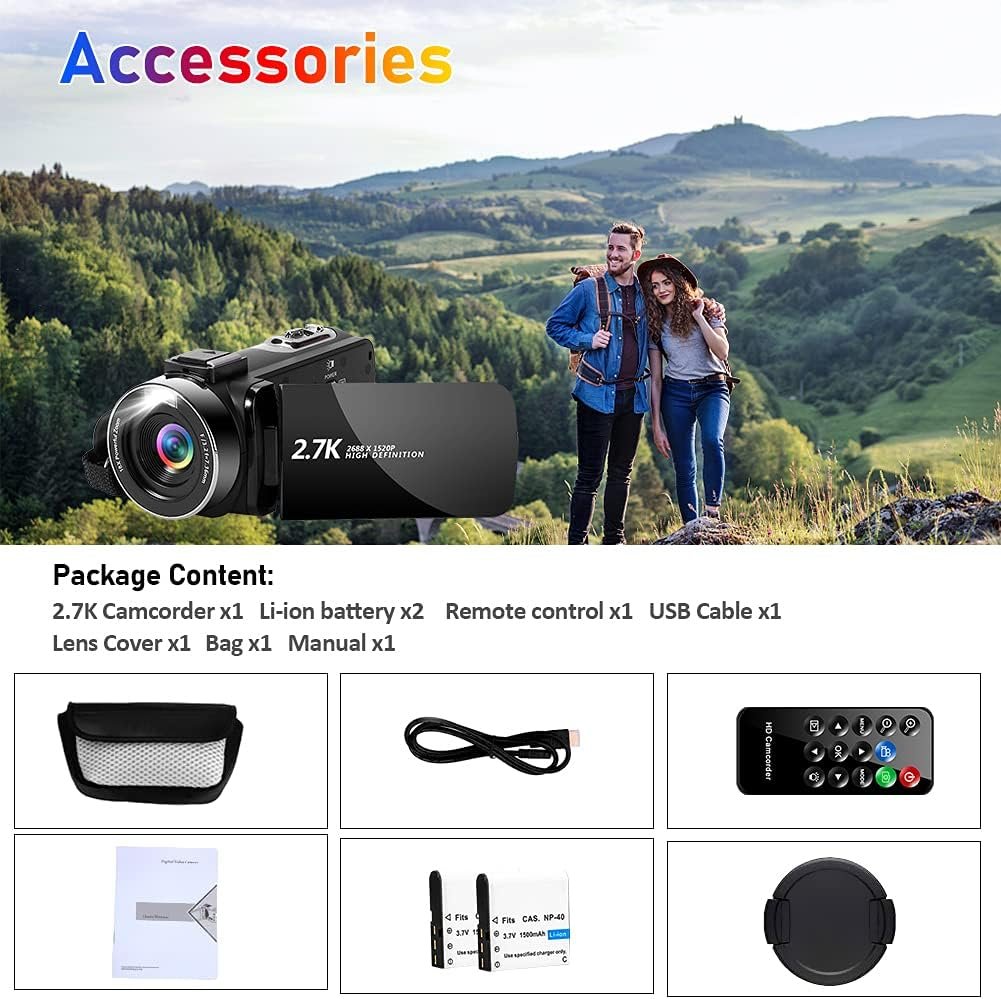 QUICKCLAP Camcorder 2.7K 42MP Video Camera with LED Fill Light, 18X Digital Zoom Camera Recorder for YouTube 3.0 Inch IPS Screen Vlogging Camera with Remote Control