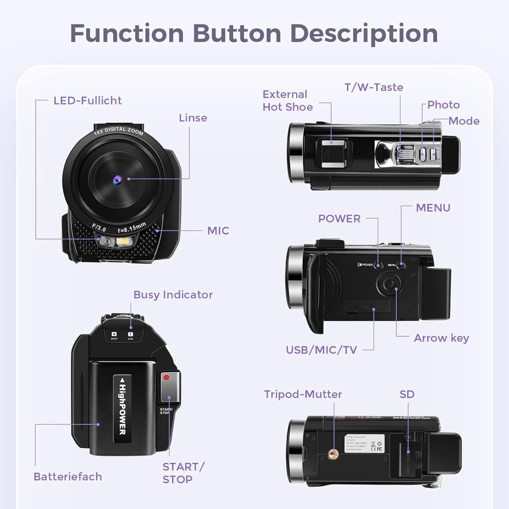 Sunscien Video Camera Camcorder, Full HD 1080P Digital YouTube Vlogging Camera Recorder,Video Camera 30FPS 3.0 Inch LCD 270 Rotatable Degrees IPS Screen with Remote Control 2 Batteries