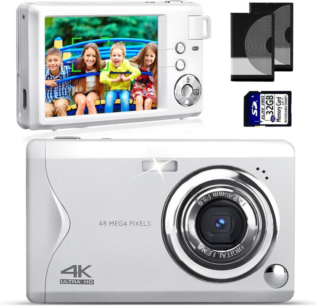Digital Camera, 4K 48MP FHD Compact Camera with 32G SD Card, Vlogging Camera Digital with 3 LCD Rechargeable, 16X Digital Zoom, Mini Cameras with 2 Battery for Children, Students, Beginners (White)