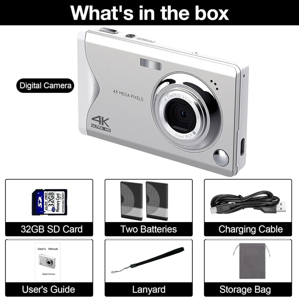 Digital Camera, 4K 48MP FHD Compact Camera with 32G SD Card, Vlogging Camera Digital with 3 LCD Rechargeable, 16X Digital Zoom, Mini Cameras with 2 Battery for Children, Students, Beginners (White)
