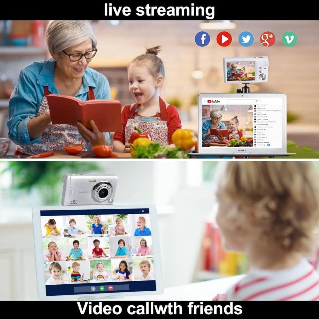 Digital Camera, 4K 48MP FHD Compact Camera with 32G SD Card, Vlogging Camera Digital with 3 LCD Rechargeable, 16X Digital Zoom, Mini Cameras with 2 Battery for Children, Students, Beginners (White)