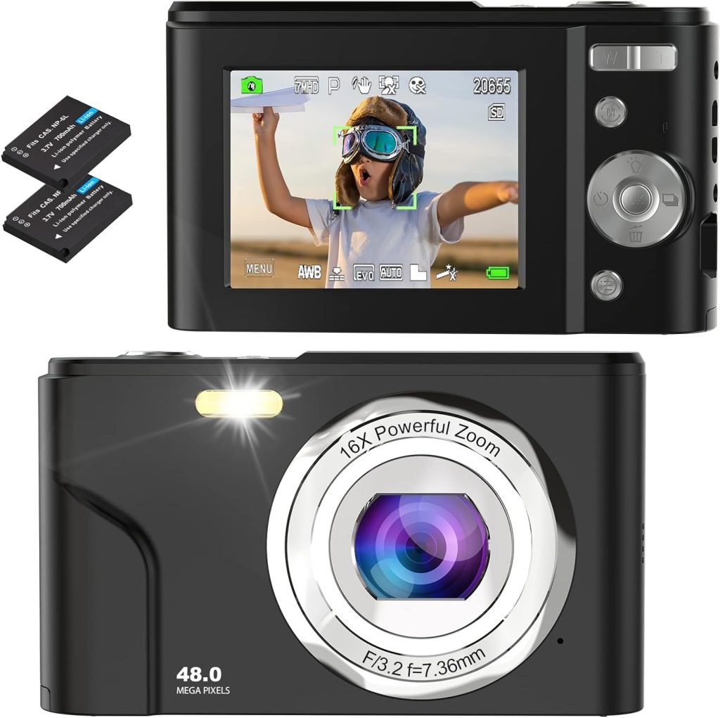 Digital Camera, Bofypoo Autofocus Vlogging Camera FHD 1080P 48MP with 16X Digital Zoom, Compact Camera Portable Mini Camera for Teens,Kids,Adult,Beginners（Black）