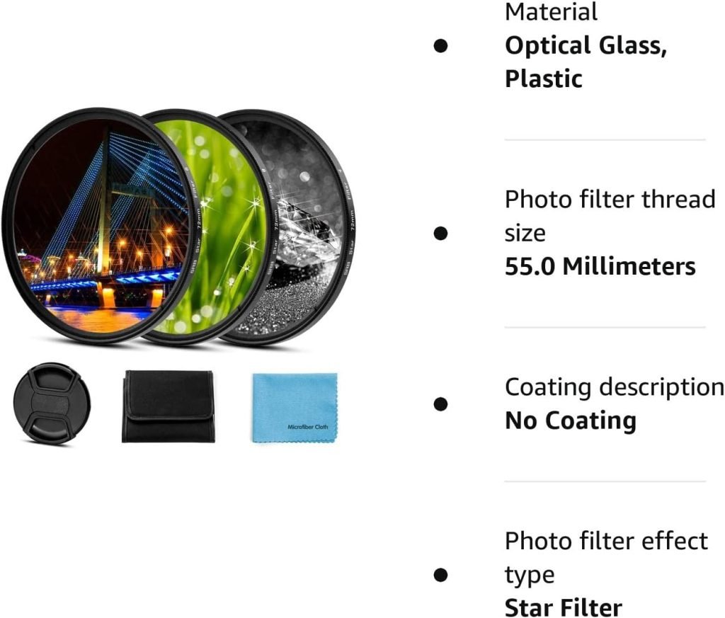 Fotover 82mm Star Filter 3 Pieces (4 Points,6 Points,8 Points) with Centre Pinch Lens Cap for Canon Nikon Sony Olympus and Other DSLR Cameras + 3 Slot Filter Pouch