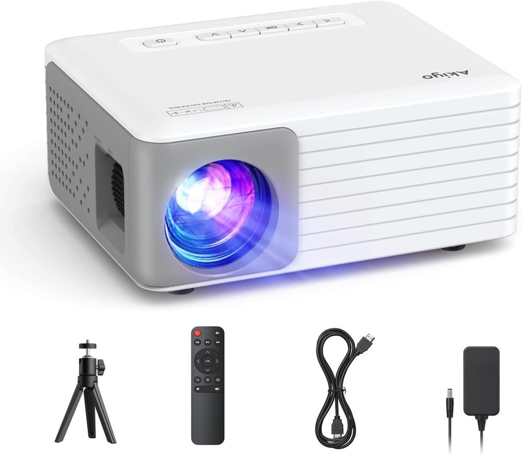 Mini Projector, AKIYO 1080P Supported Portable Projector with Tripod, 65000 Hours Multimedia Home Theater Movie Projector, Phone Projector Compatible with iOS/Android/HDMI/PC/TV Stick/USB/PS5