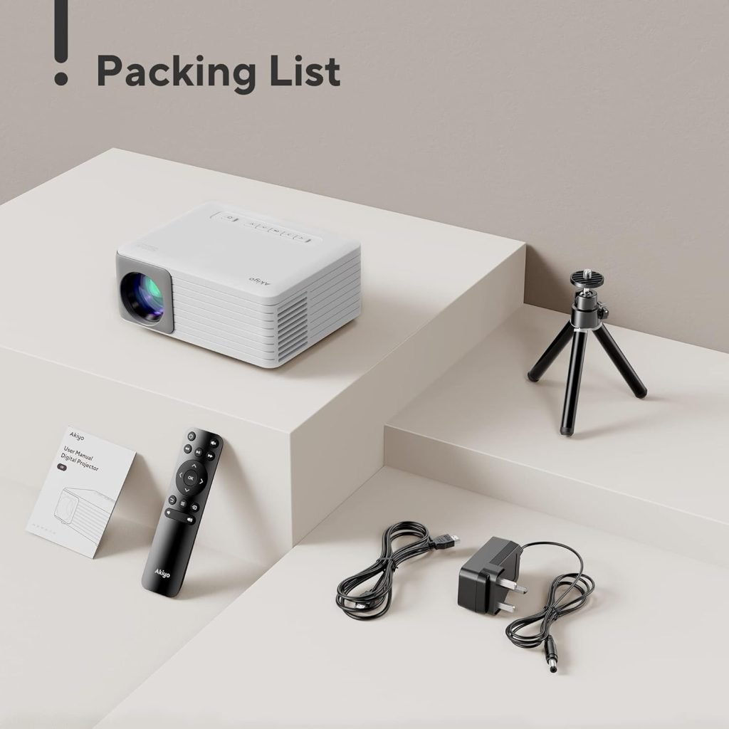 Mini Projector, AKIYO 1080P Supported Portable Projector with Tripod, 65000 Hours Multimedia Home Theater Movie Projector, Phone Projector Compatible with iOS/Android/HDMI/PC/TV Stick/USB/PS5
