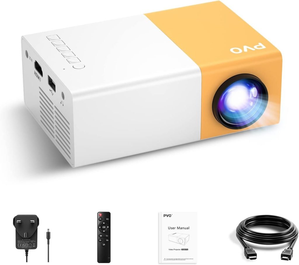 Mini Projector, PVO Portable Projector for Cartoon, Kids Gift, Outdoor Movie Projector, LED Pico Video Projector for Home Theater Movie Projector with HDMI USB TV AV Interfaces and Remote Control