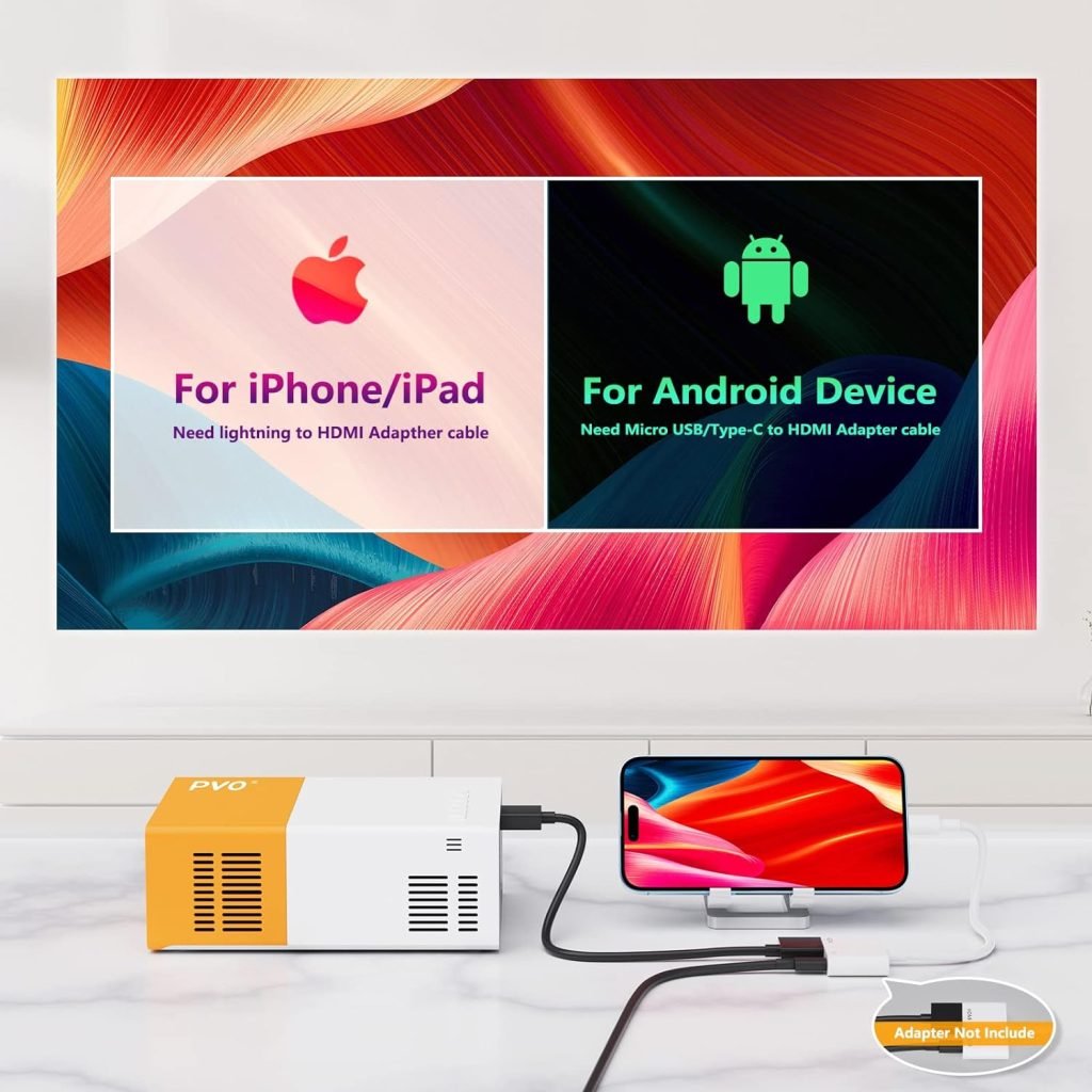 Mini Projector, PVO Portable Projector for Cartoon, Kids Gift, Outdoor Movie Projector, LED Pico Video Projector for Home Theater Movie Projector with HDMI USB TV AV Interfaces and Remote Control