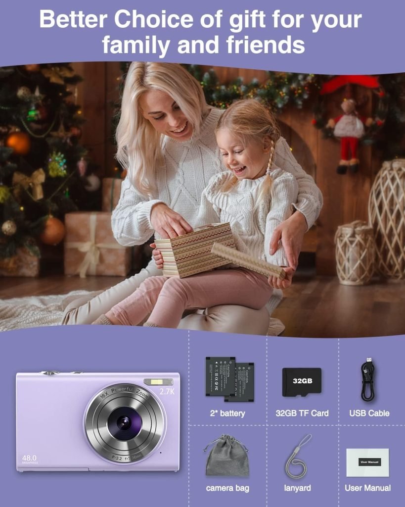 Zostuic Digital Camera, 1520P Autofocus Compact Camera FHD 48MP Photo Camera Vlogging Camera with 2.8 Screen, 16X Digital Zoom, Portable Mini Camera for Kids, Teenagers, Adult, Beginners