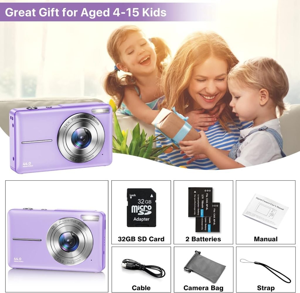 Digital Camera, 1080P HD 44MP Kids Digital Camera (No memory card),2.4 LCD Screen Rechargeable Compact Camera with 16X Digital Zoom Camera for Kids, Boys Girls, Adult,Teenagers, Students (Black)