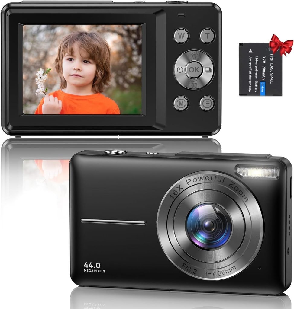 Digital Camera, 1080P HD 44MP Kids Digital Camera (No memory card),2.4 LCD Screen Rechargeable Compact Camera with 16X Digital Zoom Camera for Kids, Boys Girls, Adult,Teenagers, Students (Black)