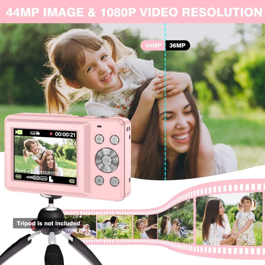 Digital Camera, 1080P HD 44MP Kids Digital Camera(No memory card), 2.4 LCD Screen Rechargeable Compact Camera with 16X Digital Zoom Camera for Kids, Boys Girls, Adult,Teenagers, Students (Pink)