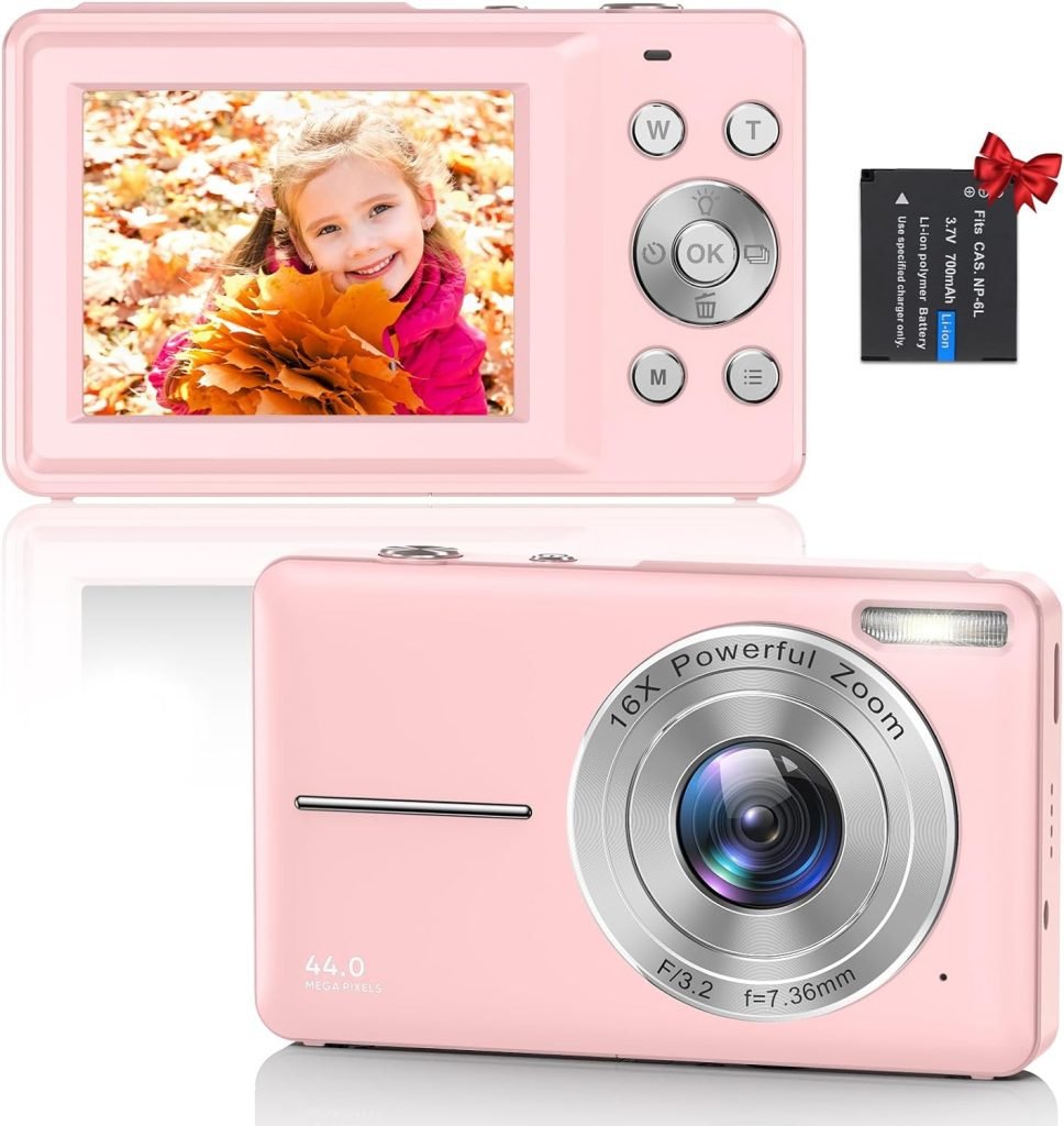 Digital Camera, 1080P HD 44MP Kids Digital Camera(No memory card), 2.4 LCD Screen Rechargeable Compact Camera with 16X Digital Zoom Camera for Kids, Boys Girls, Adult,Teenagers, Students (Pink)