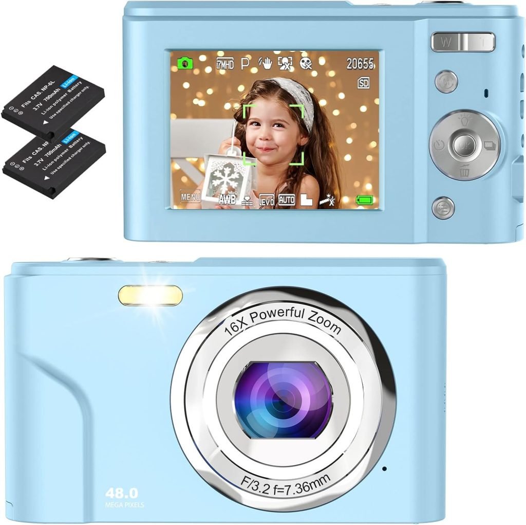 Digital Camera, Bofypoo Autofocus Vlogging Camera FHD 1080P 48MP with 16X Digital Zoom, Compact Camera Portable Mini Camera for Teens,Kids,Adult,Beginners（Blue）
