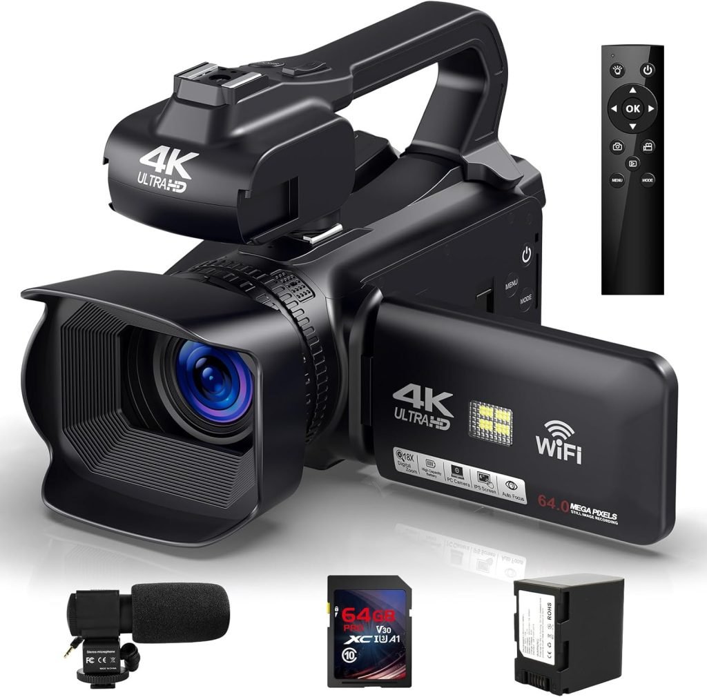 QUICKCLAP Camcorder 4K Video Camera HD Auto Focus 64MP 60FPS 18X Zoom Digital Vlogging Camera for YouTube 4.0 Touch Screen WiFi Webcam Video Camera with Lens Hood,Stabilizer,Microphone,64G SD Card
