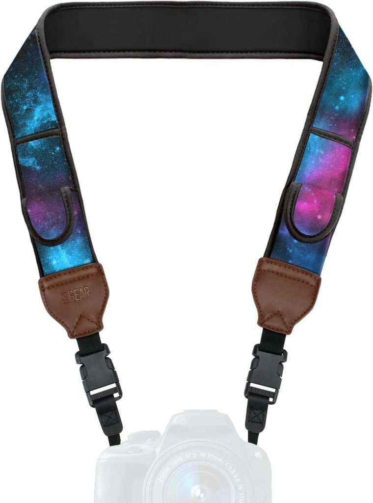 USA Gear Digital Camera Neck Strap with Neoprene Design, Accessory Pockets and Quick Release Buckles - Compatible with Canon, Fujifilm, Nikon, Sony and More DSLR, Mirrorless, Instant Cameras - Galaxy