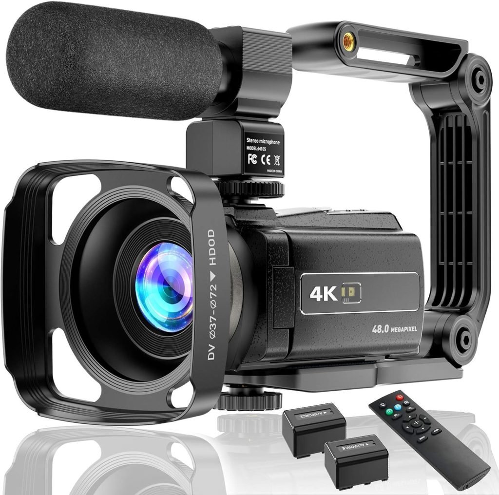 4K Video Camera Camcorder UHD 48MP WiFi IR Night Vision Vlogging Camera for YouTube Touch Screen 16X Digital Zoom Camera Recorder with Microphone, Handheld Stabilizer, Lens Hood, Remote,2 Batteries