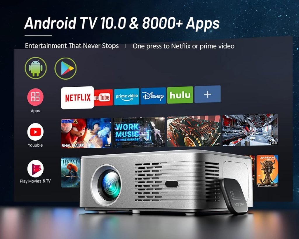 Netflix Projector, Cibest Projector Built in Google Android TV, WiFi Bluetooth Native 1080P Projector, 4K Home Movie Projector with YouTube/Prime Video, Outdoor Projector with Autofocus, Zoom Function