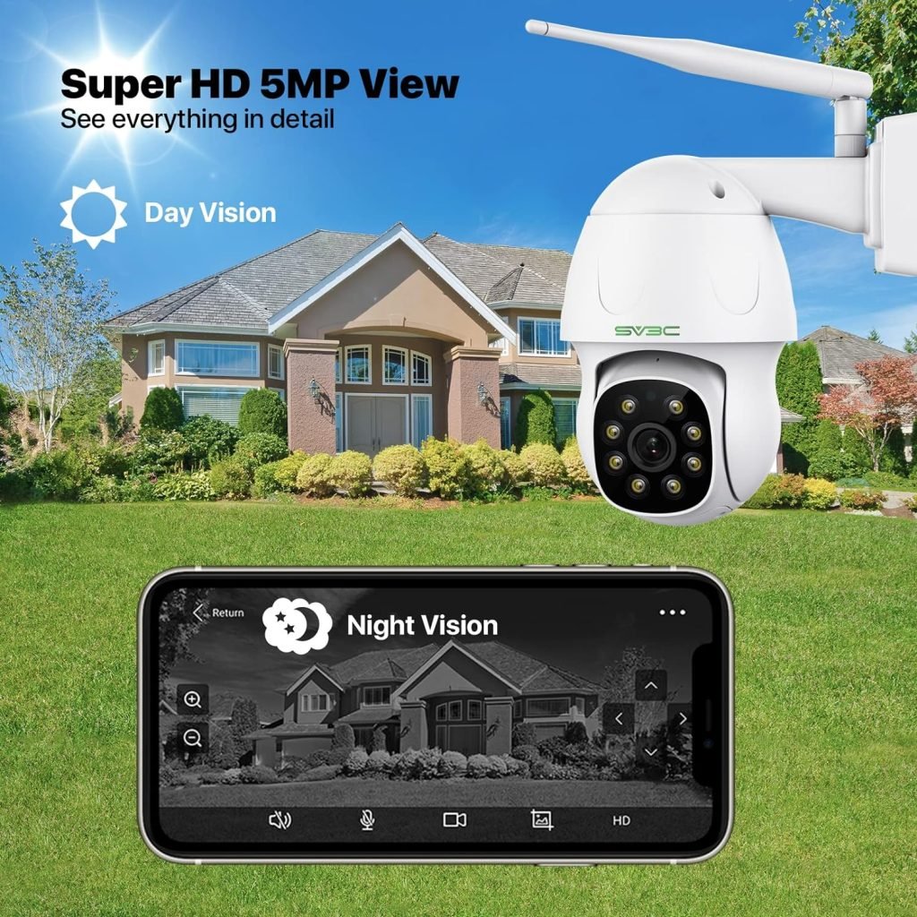 SV3C 2022 New PTZ Security Camera Outdoor, 5MP Rotate PanTilt IP CCTV Cameras with Auto Tracking and Floodlight, WiFi Outdoor Camera Support Color Night Vision, Human Detection, Audio SD Card Record