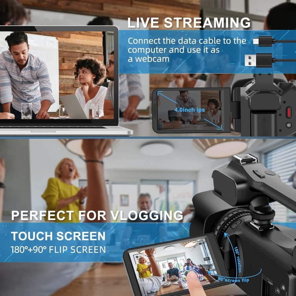 4K 64MP Video Camera Camcorder with Expandable Handheld Grip, Remote  WiFi Control Vlogging Camera. 18X Digital Zoom Recorder with Flip Screen for Youtube/Blogging, 4 LCD Touch Screen…