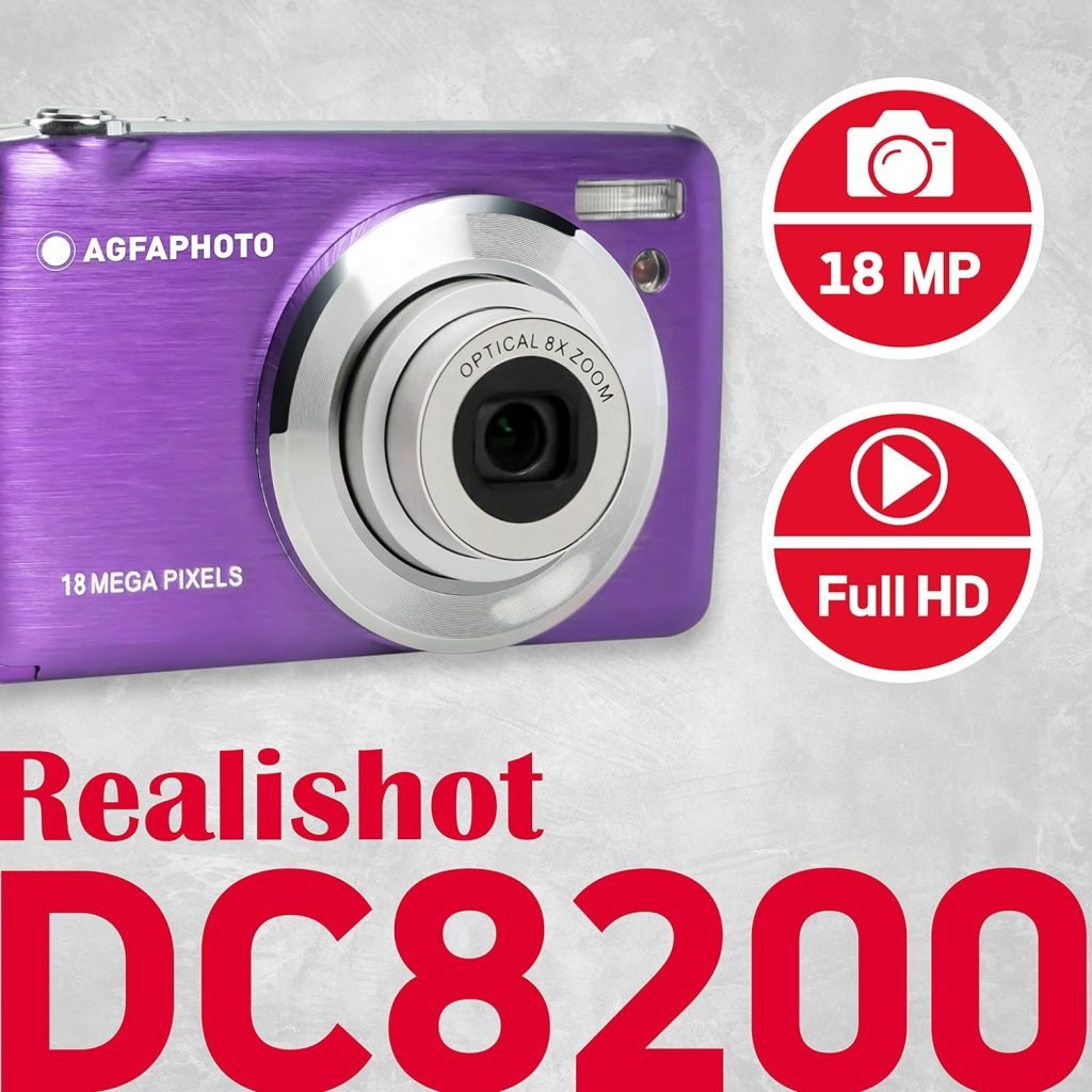 AGFA PHOTO Realishot DC8200 Compact Digital Camera (18MP, Full HD Video, 2.7 Inch LCD Screen, 8X Optical Zoom, Lithium Battery and 16GB SD Card) Purple