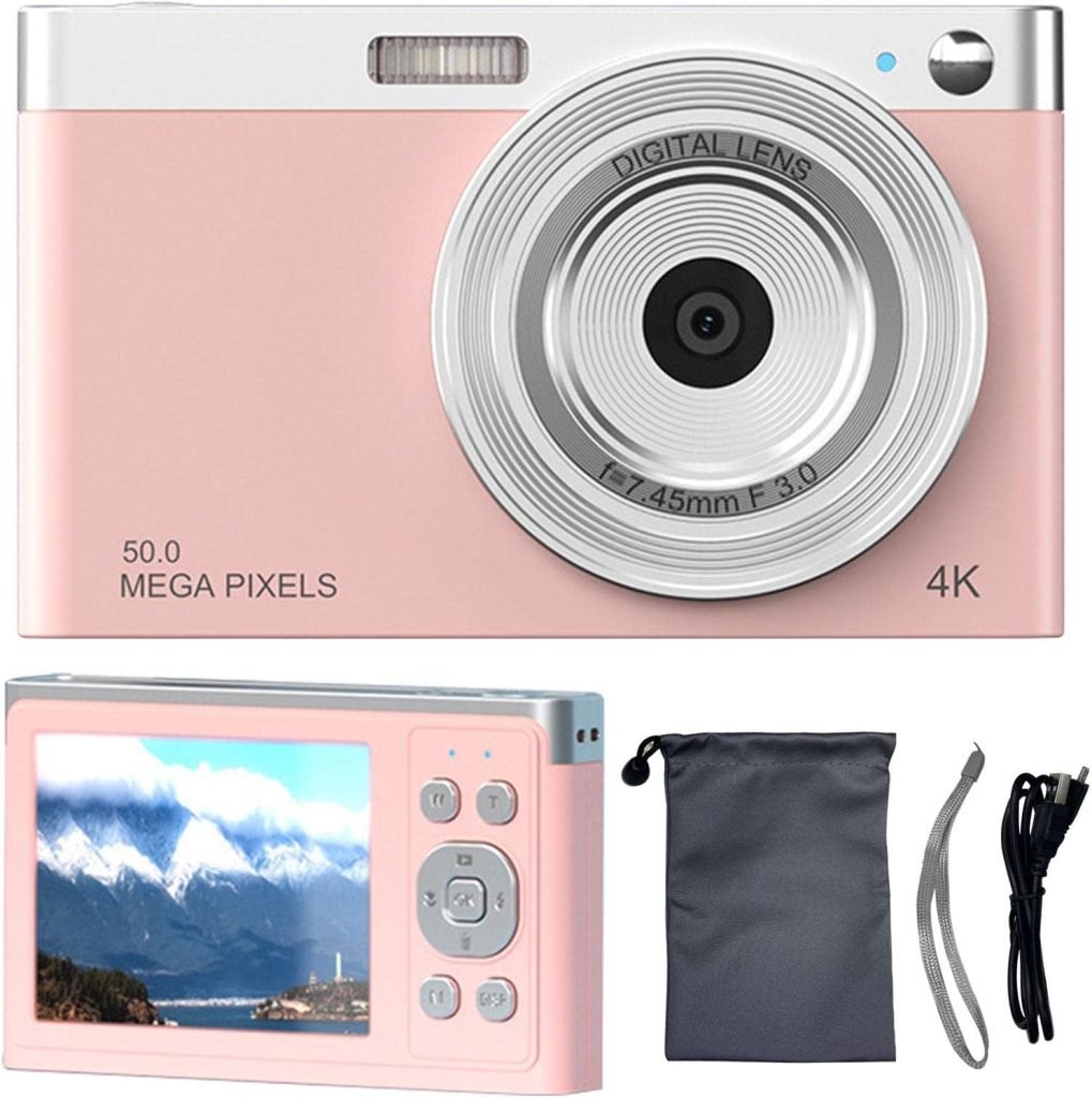 Digital Camera, HD 50MP Autofocus Small Digital Camera for Kids, 16X Zoom 4K Compact Portable Mini Rechargeable Camera for Students, Children, Beginners(Pink)