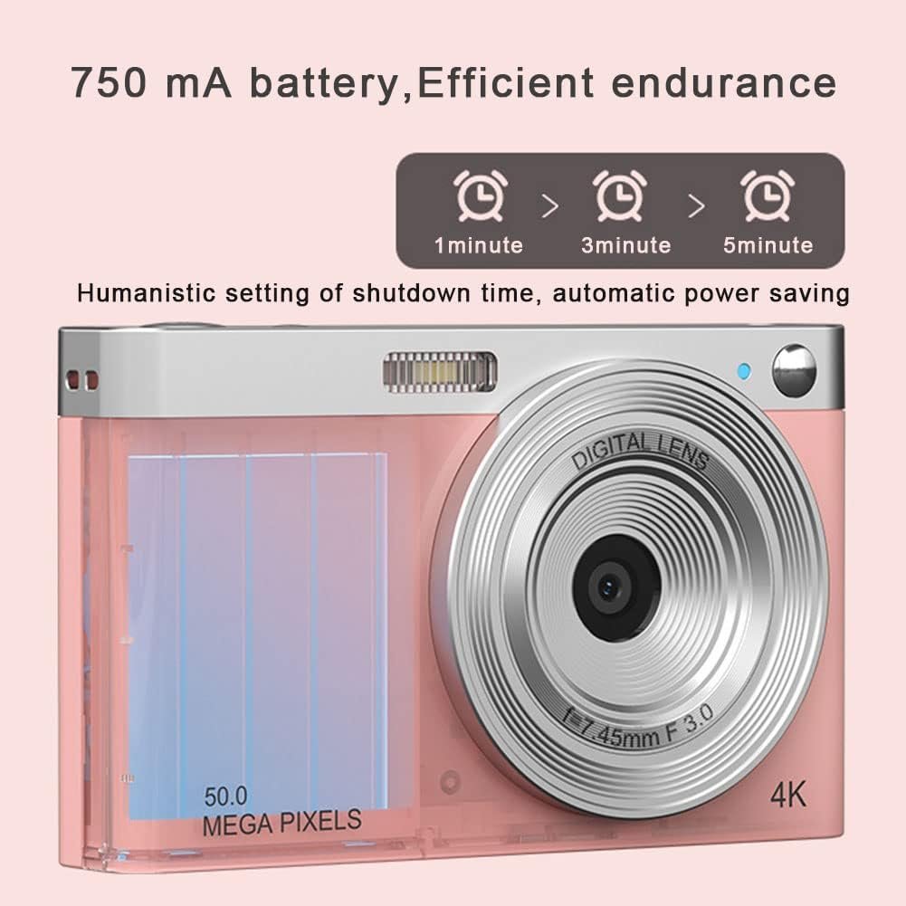 Digital Camera, HD 50MP Autofocus Small Digital Camera for Kids, 16X Zoom 4K Compact Portable Mini Rechargeable Camera for Students, Children, Beginners(Pink)