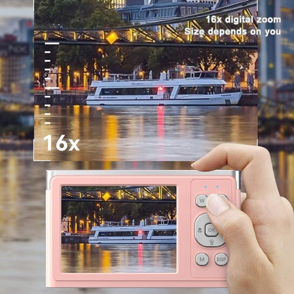 Digital Camera, HD 50MP Autofocus Small Digital Camera for Kids, 16X Zoom 4K Compact Portable Mini Rechargeable Camera for Students, Children, Beginners(Pink)