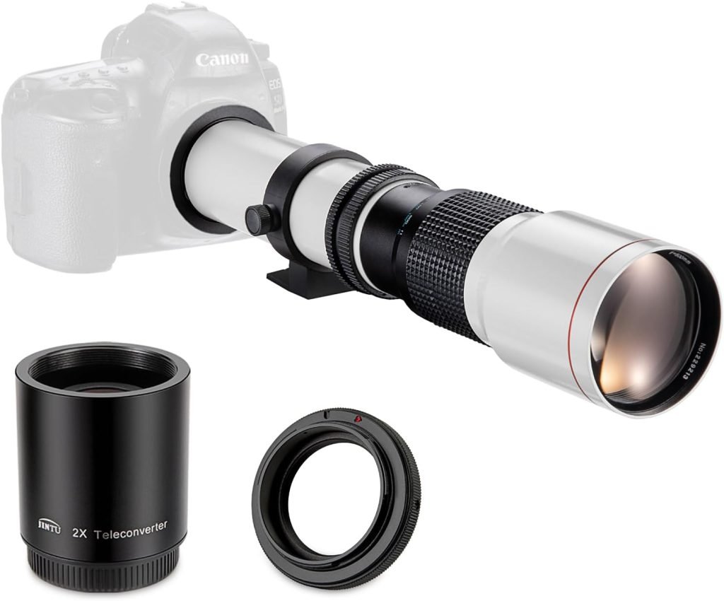 JINTU 500mm/1000mm f/8 Super Telephoto lens with T mount Adapter Compatible with Canon EF-EF/S Mount DSLR Cameras 4000D 800D 80D 1300D 1200D 1100D 200D 250D 650D 550D 750D 90D 60D 70D 50D 5D IV 6D 7D