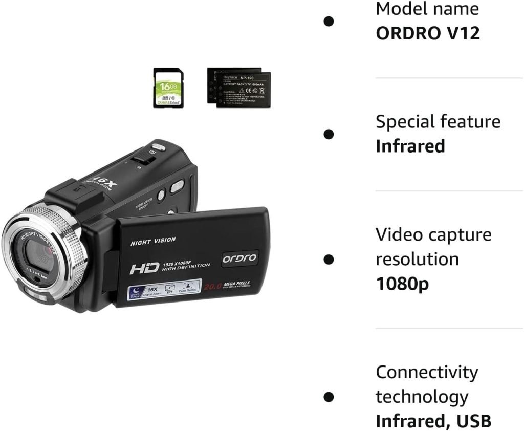 ORDRO V12 Video Camera Camcorder Full HD 1080P 30FPS Infrared Night Vision Camera 3.0 Inch LCD Screen 16X Zoom Camcorders with 16GB SD Card Remote Control and 2 Batteries