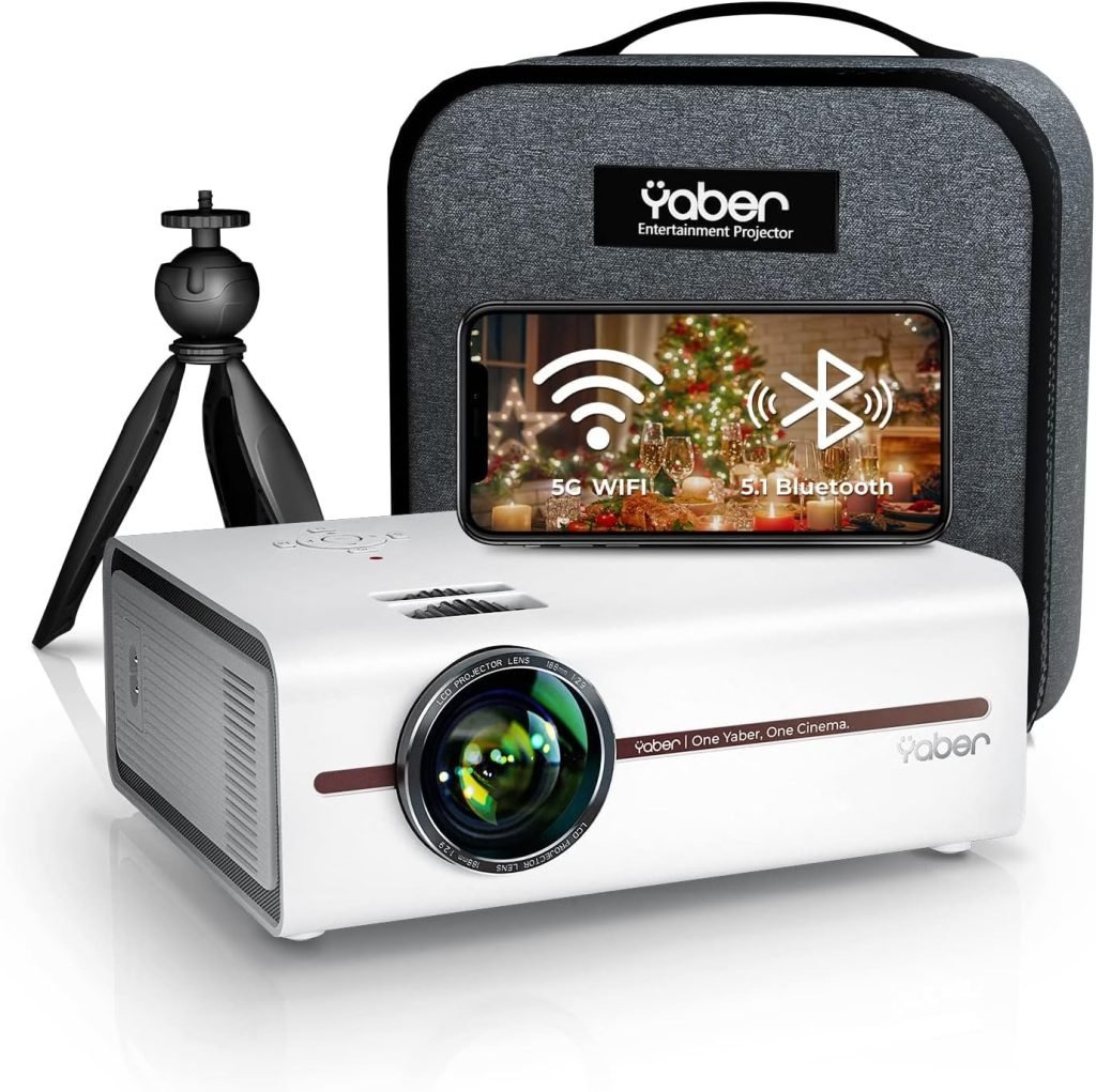 Projector 1080P FHD Supported, 9500L Lumen Mini Portable Projector with 5G WiFi Bluetooth, YABER V5 Home Cinema Projector with Synchronize ScreenZoom for TV Stick/PC/Smartphone (Bag+Tripod included)