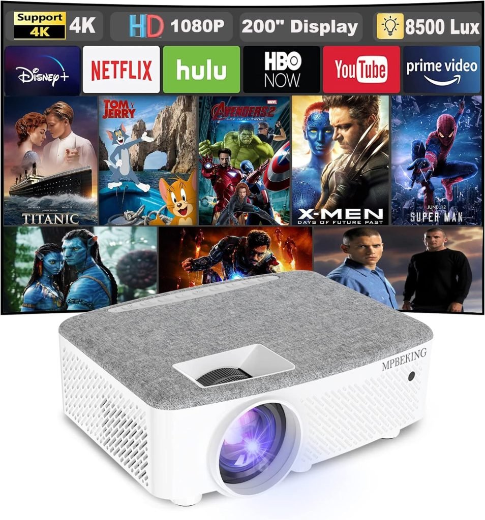 Projector, Portable Video Projector HD 1080P Supported, Home Projector 8500 Lumens 200Display for TV Stick, Home Theatre, Android/iOS