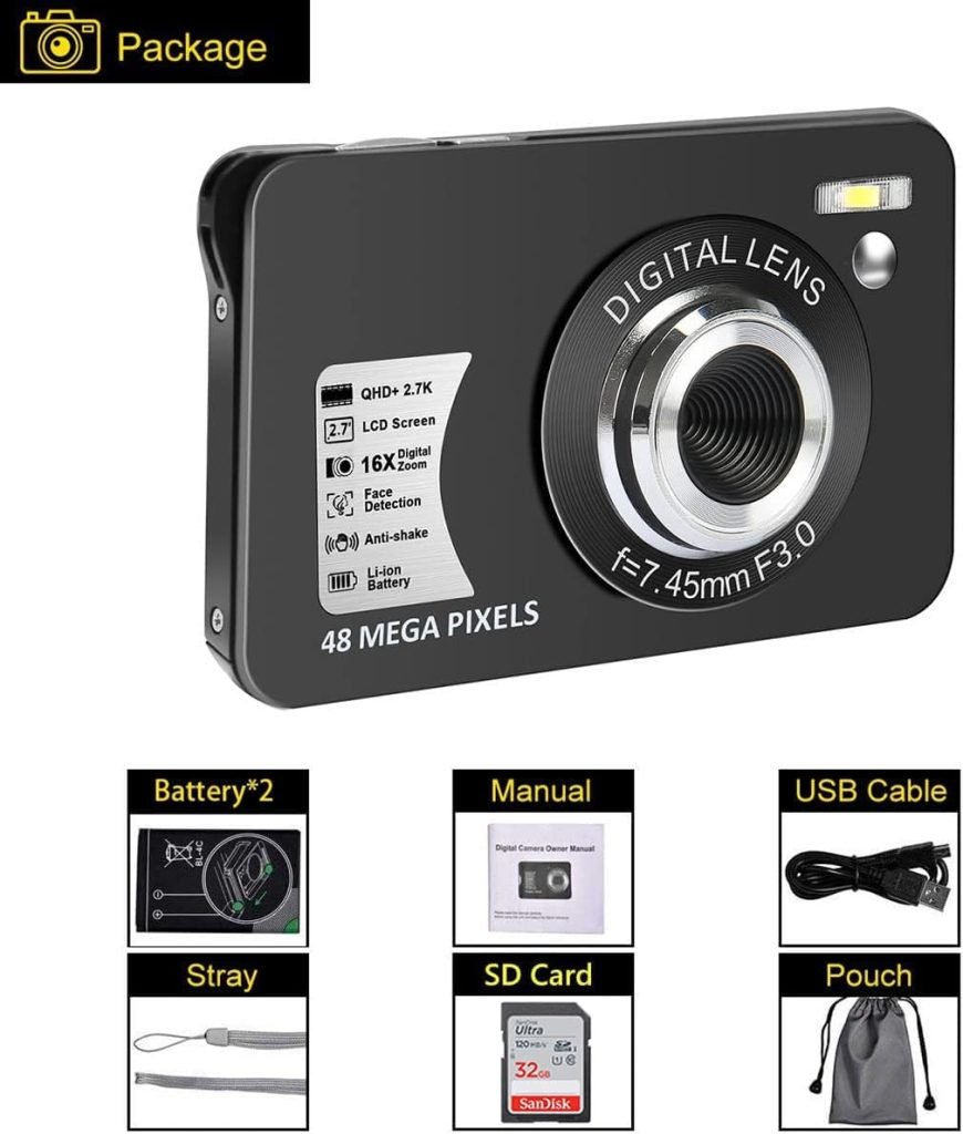 JHAMAL 2.7K Compact Digital Camera 48MP Mini Camera with 16X Zoom for Kids Teens Children Cameras for Photography Beginners with 32GB SD Card and 2 Batteries