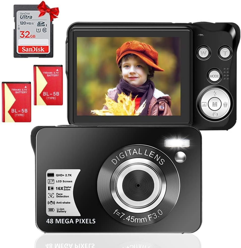 JHAMAL 2.7K Compact Digital Camera 48MP Mini Camera with 16X Zoom for Kids Teens Children Cameras for Photography Beginners with 32GB SD Card and 2 Batteries