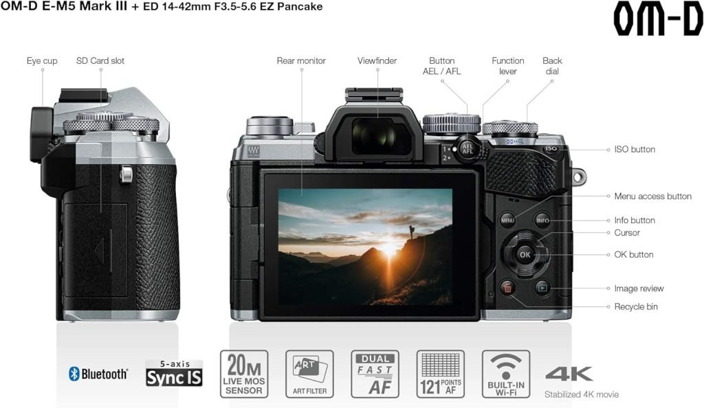 Olympus OM-D E-M5 Mark III Micro Four Thirds System Camera Housing, 20 MP Sensor, 5-Axis Image Stabilizer, Powerful Autofocus, Electronic OLED Viewfinder, 4K Video, Wi-Fi, Bluetooth, Silver