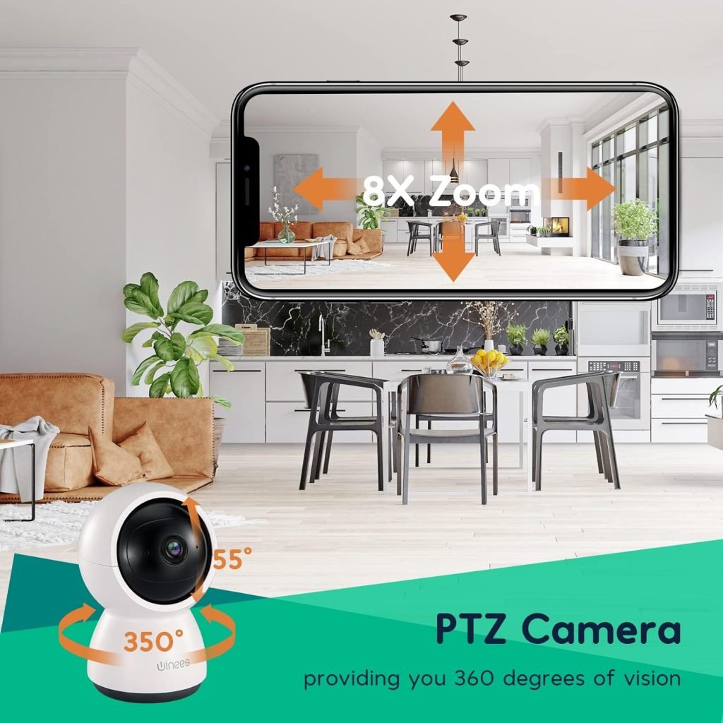 winees Pet Camera 2K Indoor Camera, 360°PTZ WiFi Baby Monitor Camera, Clear IR Night Vision, Motion Detection, Two-Way Audio, Smart Tracking, Home Security Camera Works with Alexa
