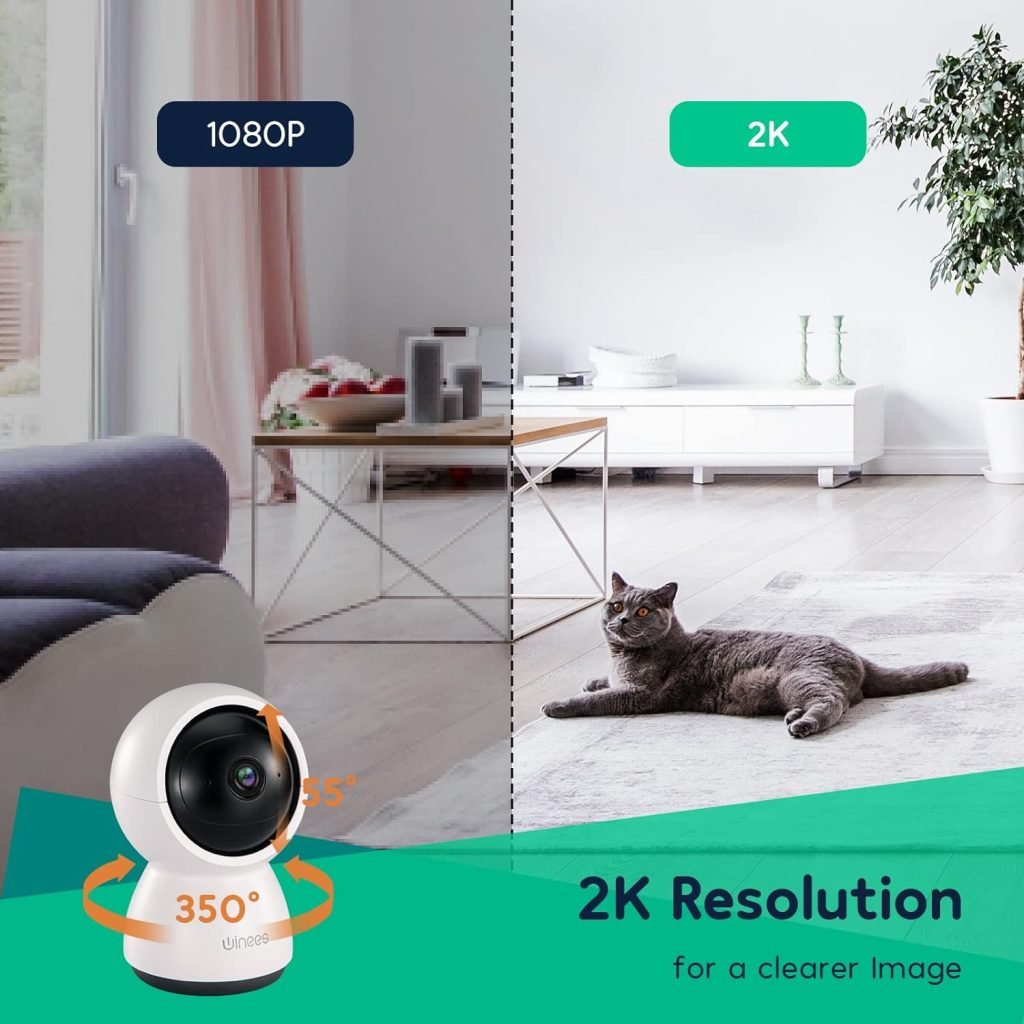 winees Pet Camera 2K Indoor Camera, 360°PTZ WiFi Baby Monitor Camera, Clear IR Night Vision, Motion Detection, Two-Way Audio, Smart Tracking, Home Security Camera Works with Alexa