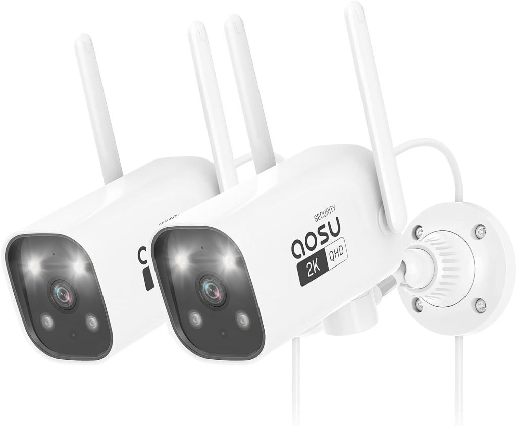 AOSU 2K QHD Security Camera Outdoor with Color Night Vision, Wired home security camera supports 24/7 Recording, Auto tracking CCTV camera, Built-in Siren, Voice Changer, 2 Way Audio, 2.4/5 GHz WiFi