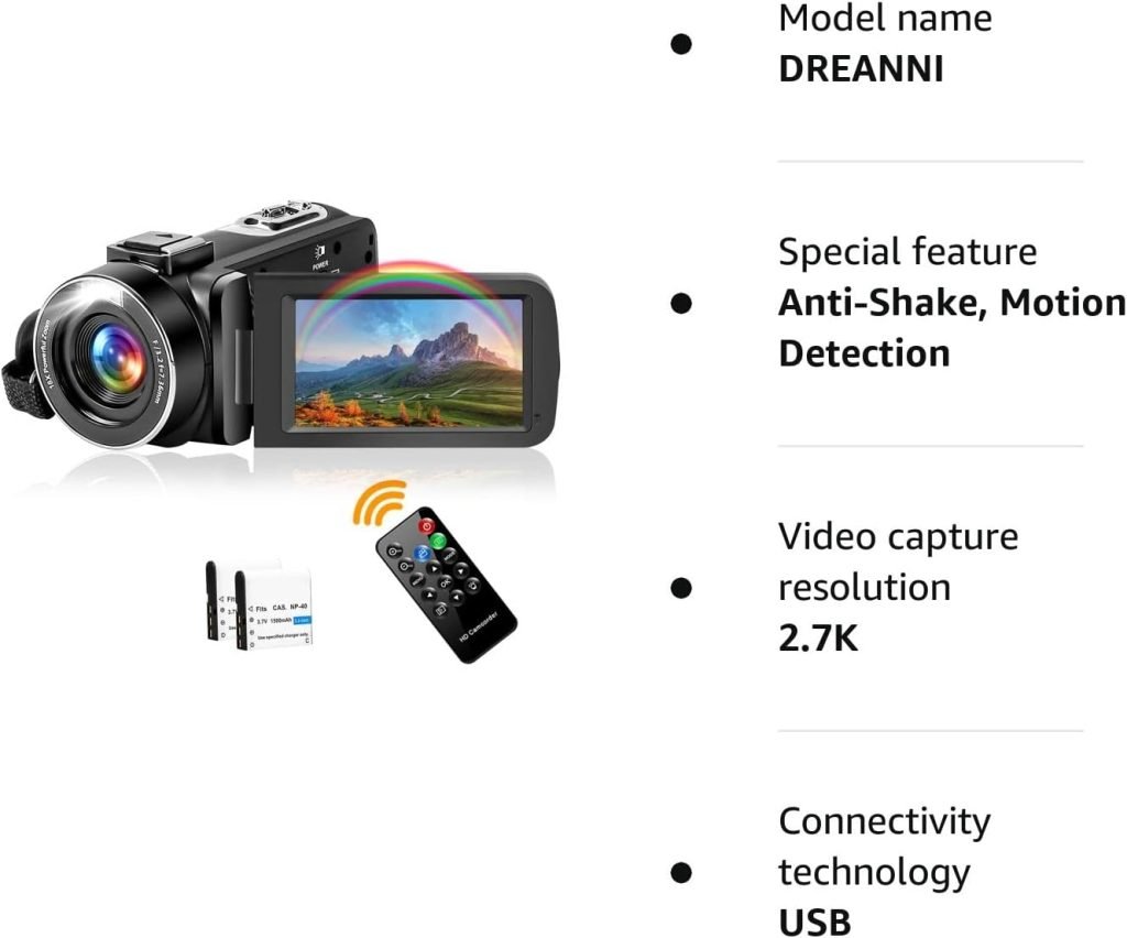 DREANNI Camcorder Video Camera 2.7K 42MP 18X Digital Zoom Camera Recorder 3.0 Inch LCD Screen Vlogging Camera For YouTube with Remote Controller, 2 Batteries