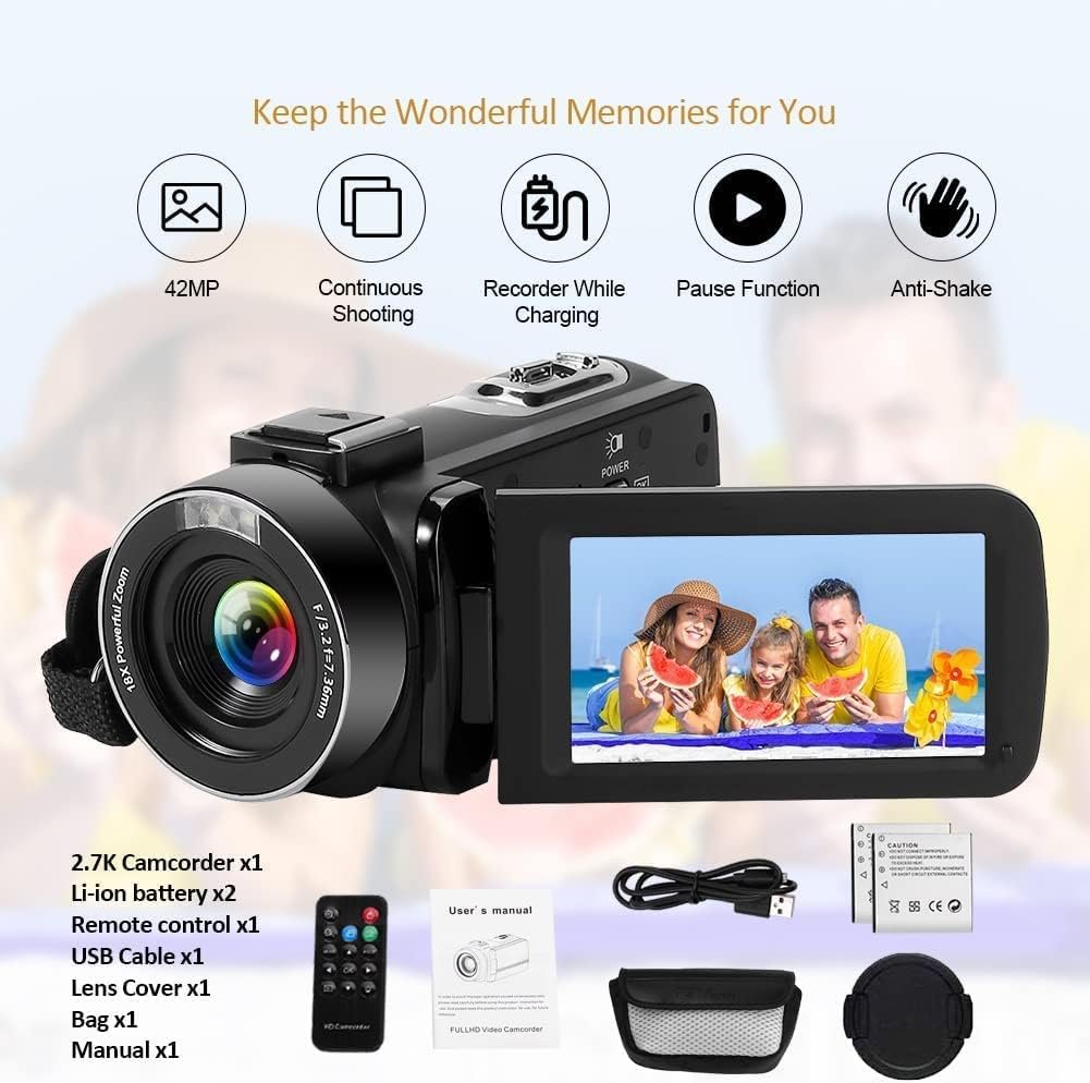 DREANNI Camcorder Video Camera 2.7K 42MP 18X Digital Zoom Camera Recorder 3.0 Inch LCD Screen Vlogging Camera For YouTube with Remote Controller, 2 Batteries