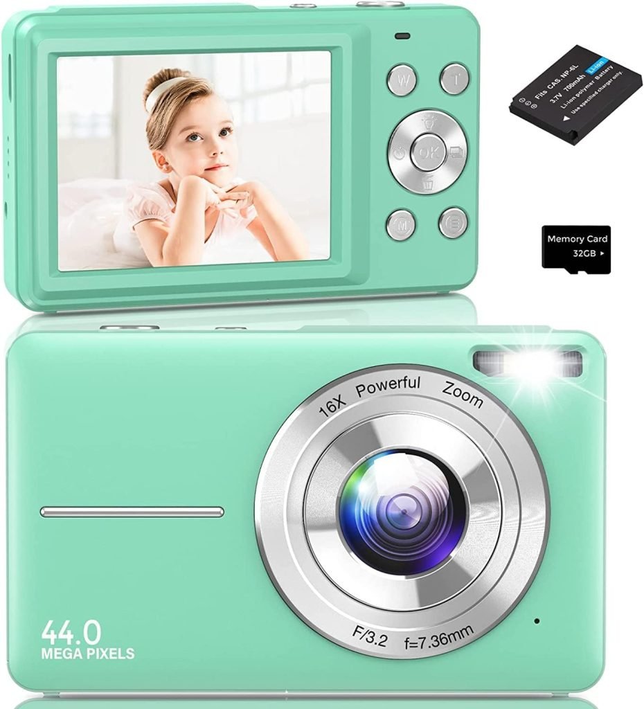 Digital Camera Autofocus,Amdeurdi Vlogging Camera Rechargeable Digital Cameras with 16X Zoom Compact Camera FHD 1080P 44MP for Beginner Photography with 1 Battery,32G Memory Card - Green