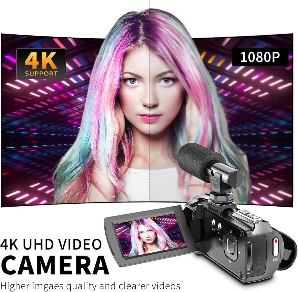 Hojocojo Video Camera Camcorder 4K 36MP Vlogging Camera for YouTube 30FPS Digital Camera 3.0 Inch 270° Rotating IPS Screen Camera with 18X Digital Zoom, Tripod, 32G Card  Batteries