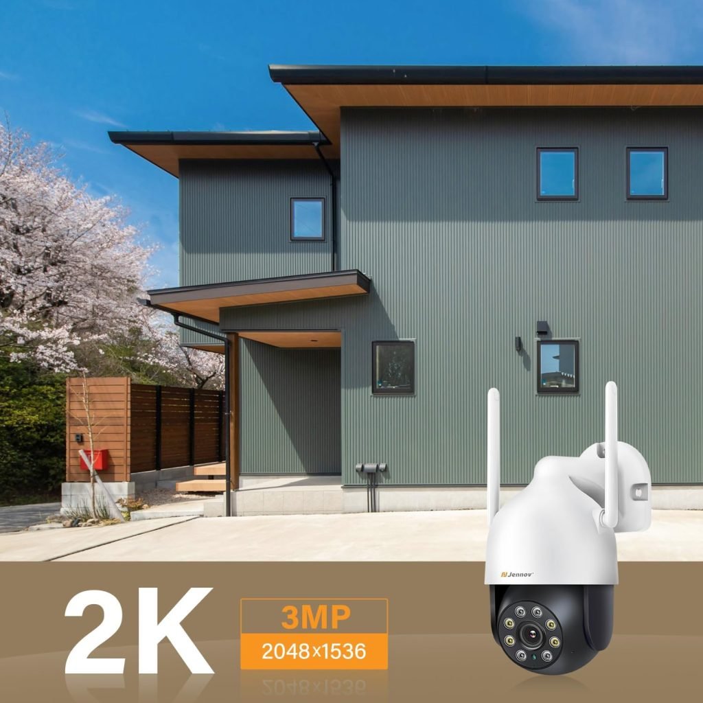Jennov 2K Security Camera Outdoor, PTZ Wifi Home CCTV Camera 360° View with Auto Tracking, 24/7 Recording, Color Night Vision, Motion Detection, 2-way audio, Sound-Lights Alarm