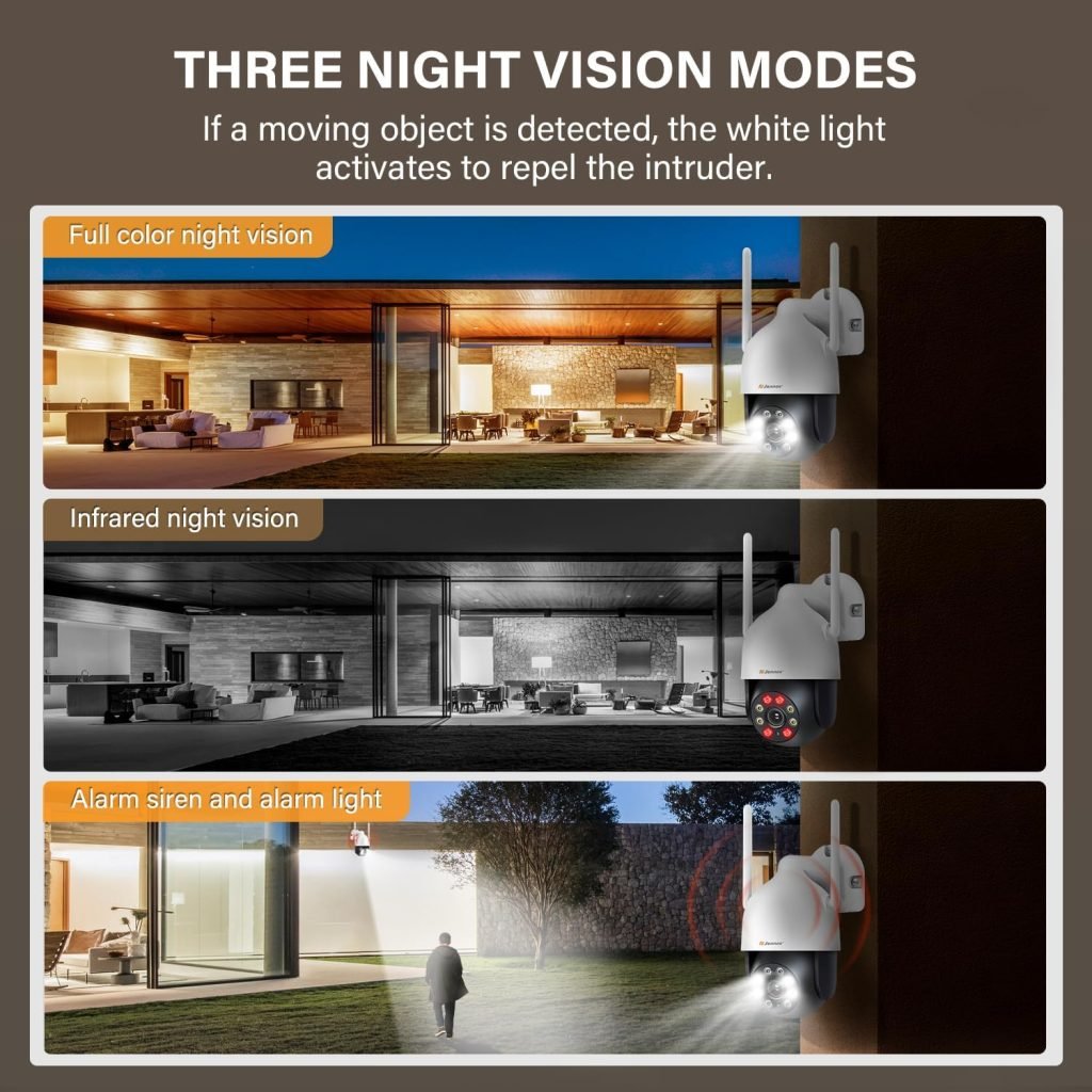 Jennov 2K Security Camera Outdoor, PTZ Wifi Home CCTV Camera 360° View with Auto Tracking, 24/7 Recording, Color Night Vision, Motion Detection, 2-way audio, Sound-Lights Alarm
