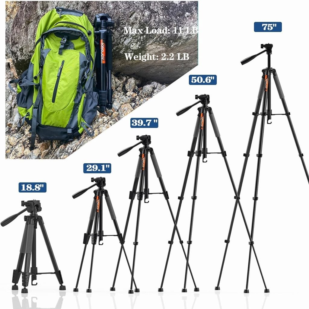 KINGJOY 75 Camera Tripod for Canon Nikon Lightweight Aluminum DSLR Camera Stand with Carry Bag Universal Phone Mount and Wireless Remote Max Load 5kg