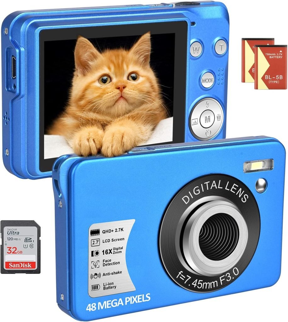 SINEXE Digital Camera 48MP 2.7K Compact Vlogging Camera with 16X Digital Zoom 2.7-inch Screen Anti-shake Photoflash Selfie for Kids Teens Beginners Gift with 32G Card  Two Batteries (Blue)