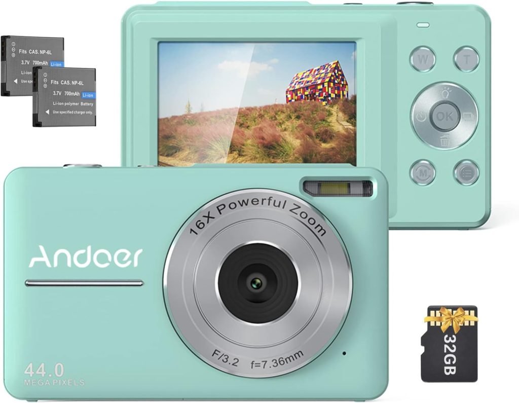 Andoer Digital Camera with SD Card 32GB 2pcs Rechargeable Batteries 1080P 44M HD 16X Digital Zoom Anti-shake Auto Focus 2.5 IPS Screen Smile LCD Screen for Kids Children Holiday